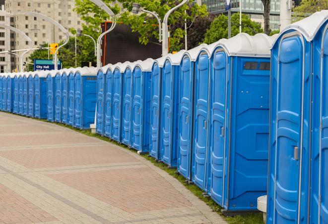 hygienic portable restrooms lined up at a music festival, providing comfort and convenience for attendees in Clements